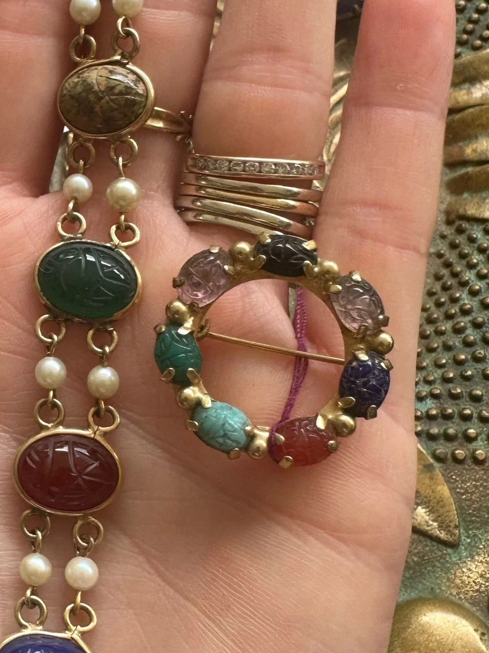 Vintage Scarab Brooch with Semi Precious Gemstones